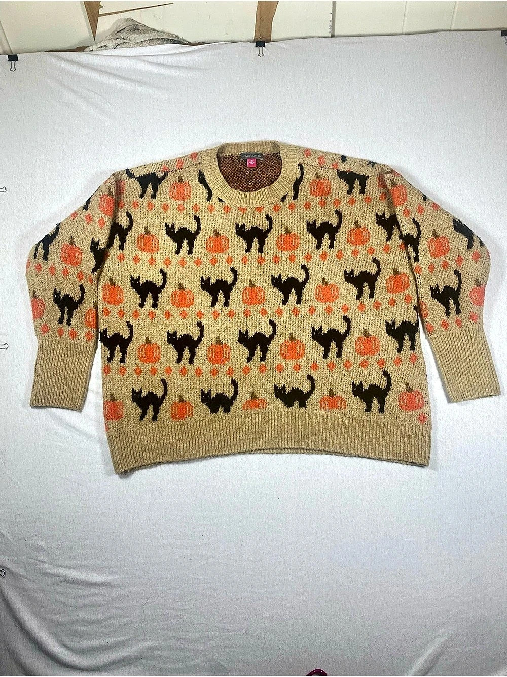 Vince Camuto Halloween Cat Pumpkin Sweater Womens M Tan Black Orange